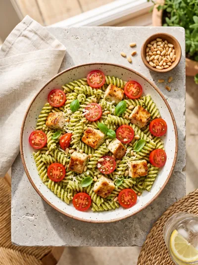 Easy Chicken Pesto Pasta Salad - ingredients preparation